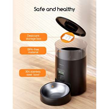 Meowant Automatic Cat Feeder, 6L Cat Food Dispenser with Desiccant Bag, Timed Feeder with Stainless-Steel Bowl, Up to 9 Portions, 4 Meals Per Day, Dual Power Supply