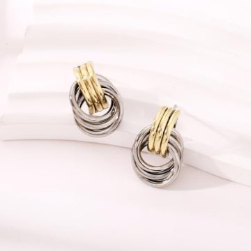 Chunky Drop Earrings for Women - Gold Silver Knot Earrings, Minimalist Geometric Dangle Statement Earring Jewelry in Two Tone