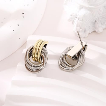 Chunky Drop Earrings for Women - Gold Silver Knot Earrings, Minimalist Geometric Dangle Statement Earring Jewelry in Two Tone