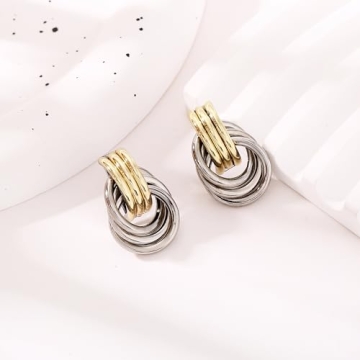 Chunky Drop Earrings for Women - Gold Silver Knot Earrings, Minimalist Geometric Dangle Statement Earring Jewelry in Two Tone