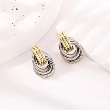 Chunky Drop Earrings for Women - Gold Silver Knot Earrings, Minimalist Geometric Dangle Statement Earring Jewelry in Two Tone