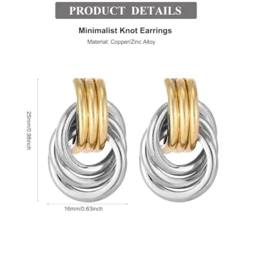 Chunky Drop Earrings for Women - Gold Silver Knot Earrings, Minimalist Geometric Dangle Statement Earring Jewelry in Two Tone