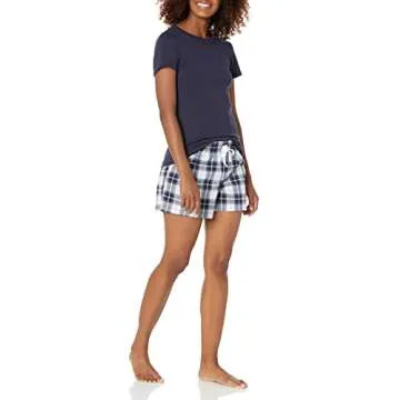 Amazon Essentials Women's Poplin Short and Sleep Tee Set, Navy Plaid, X-Large