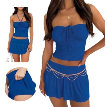 Skirt Sets Women 2 Piece Outfits Sexy Y2K Going Out Tie Ruched Tube Crop Tops Pleated Low Rise Mini ...