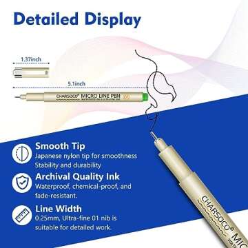 CHARSOCO 01 Micro Pen Set - Fine Point, 24 Colors, Waterproof Ink for Art and Sketching