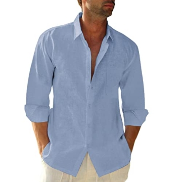 JEKAOYI Men's Linen Button Down Shirt - Casual Long Sleeve Beachwear