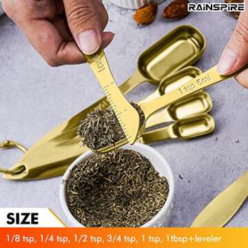 Rainspire Heavy Duty Measuring Spoons Set Stainless Steel, Metal Measuring Cups and Spoons Set for Dry or Liquid, Fits in Spice Jar, Home Gadgets Kitchen Gadgets, Set of 7 Including Leveler, Gold