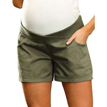 Women Maternity Casual Low-Rise Shorts Elastic Waist Summer Beach Shorts Artichoke Green