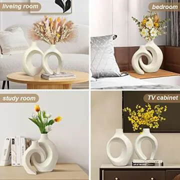 White Ceramic Vases -Set of 2,Round Hollow Modern Vase for Home Decor,Boho Vases for Nordic Minimalist Decor, Wedding Dining Living Room Entryway Table Decorative Vase…