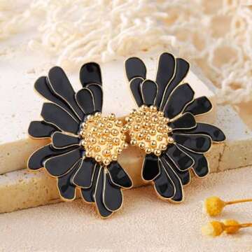 Aksod Boho Big Black Flower Earrings Enamel Large Daisy Floral Earrings Studs Vintage Trendy Summer Holiday Earrings Jewelry for Women (Black)