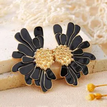 Aksod Boho Big Black Flower Earrings Enamel Large Daisy Floral Earrings Studs Vintage Trendy Summer Holiday Earrings Jewelry for Women (Black)