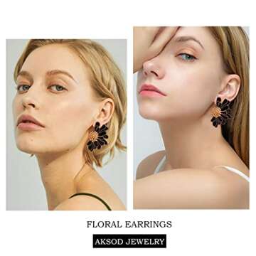 Aksod Boho Big Black Flower Earrings Enamel Large Daisy Floral Earrings Studs Vintage Trendy Summer Holiday Earrings Jewelry for Women (Black)