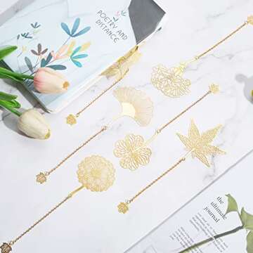 Arycki 6 Pack Metal Bookmarks with Chain,Unique Leaf Plant Gifts Bookmark,Golden Hollow Bookmark for Book Lovers,Women,Men,Writers, Readers, Children, Teens, Adults