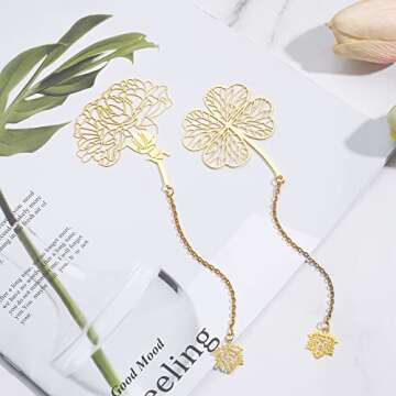 Arycki 6 Pack Metal Bookmarks with Chain,Unique Leaf Plant Gifts Bookmark,Golden Hollow Bookmark for Book Lovers,Women,Men,Writers, Readers, Children, Teens, Adults