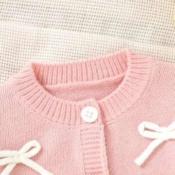 Baby Girl Bow Sweater Cardigan Open Front Button Down Long Sleeve Knitwear Coat Toddler Fall Spring Clothes (Pale Pink, 6-9 Months)
