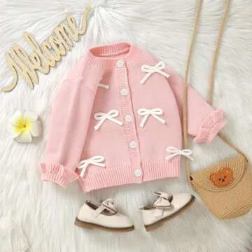 Baby Girl Bow Sweater Cardigan Open Front Button Down Long Sleeve Knitwear Coat Toddler Fall Spring Clothes (Pale Pink, 6-9 Months)