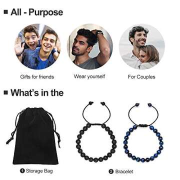 Cool Gifts for Mens,Womens Bracelet Beads, Natural Black Lava Rock Stone Mens Anxiety Bracelets, Adj...