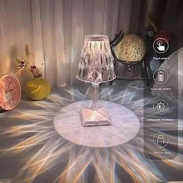 Leroxo Portable Crystal Diamond Table Lamp,3 Color Touch Control Rechargeable Lamp,Acrylic Modern Style Crystal Bedside Lamp,Wireless Night Light,3-Levels Brightness Room Decor Desk Lamp