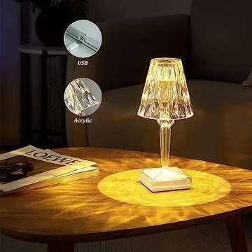Leroxo Portable Crystal Diamond Table Lamp,3 Color Touch Control Rechargeable Lamp,Acrylic Modern Style Crystal Bedside Lamp,Wireless Night Light,3-Levels Brightness Room Decor Desk Lamp