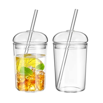 UPKOCH 2 Pack Glass Coffee Cups with Lids and Straws - 16oz Aesthetic Tumblers