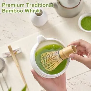 Matcha Whisk Set, Japanese Tea Set (5pcs) includes Matcha Bowl with Spout (19 oz), Bamboo Matcha Whisk and Matcha Scoop, Matcha Whisk Holder, Stainless Steel Sifter, Tea Making Tools, Matcha Kit