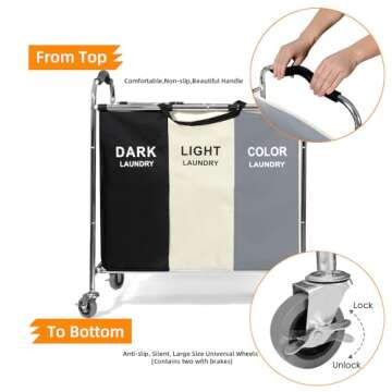 Laundry Basket with Wheels, 240L Laundry Hamper with 3 Clothes Hamper Bag for Dirty Clothes|Toys|Bla...