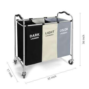 Laundry Basket with Wheels, 240L Laundry Hamper with 3 Clothes Hamper Bag for Dirty Clothes|Toys|Blanket in laundry room/living room/closet storage and organization (Grey)