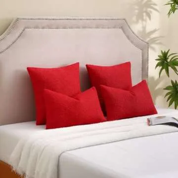 FUTEI Pack of 2 Red Boucle Accent Decorative Throw Pillow Covers,18x18 Inch Soft Solid Textured Cushion Case,Home Decor for Couch Bed Living Room