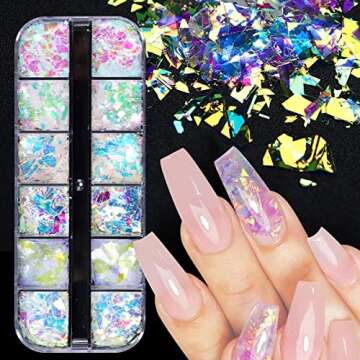12 Colors Holographic Nail Art Glitter Sequins Iridescent Ice Slag Nail Glitter Flakes Irregular Mermaid Nail Sequins Colorful Fluorescent Glass Paper Nail Decoration for Face Hand Body Make-up DIY
