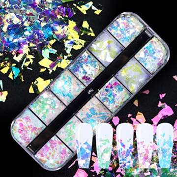 12 Colors Holographic Nail Art Glitter Sequins Iridescent Ice Slag Nail Glitter Flakes Irregular Mermaid Nail Sequins Colorful Fluorescent Glass Paper Nail Decoration for Face Hand Body Make-up DIY