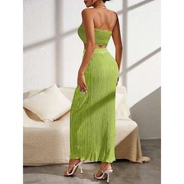 OYOANGLE Women's 2 Piece Outfits Off Shoulder Shirred Back Drawstring Ruched Front Crop Tube Top Plisse Skirt Set Green Solid XXL