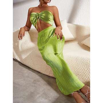 OYOANGLE Women's 2 Piece Outfits Off Shoulder Shirred Back Drawstring Ruched Front Crop Tube Top Plisse Skirt Set Green Solid XXL