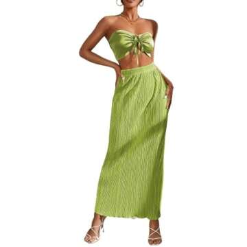 OYOANGLE Women's 2 Piece Outfits Off Shoulder Shirred Back Drawstring Ruched Front Crop Tube Top Plisse Skirt Set Green Solid XXL