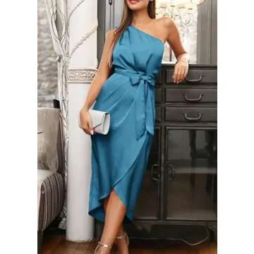PRETTYGARDEN Women's Summer Ruched Bodycon Dress Sleeveless One Shoulder Wrap Satin Wedding Guest Cocktail Midi Dress(Blue,Large)