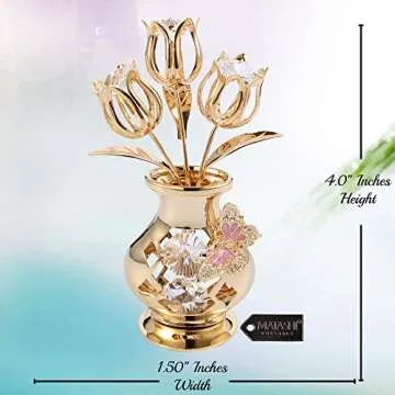 Valentine's Day Gift for Women, Girlfriend - Matashi Crystal Flowers Bouquet, 24K Gold Plated Figurines Table Centerpiece Gift for Her, Mom, Daughter, Grandma, Aunt - Decorative Butterfly Studded Gift