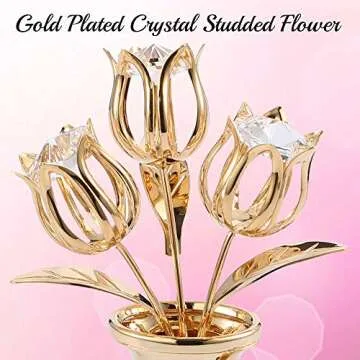Valentine's Day Gift for Women, Girlfriend - Matashi Crystal Flowers Bouquet, 24K Gold Plated Figurines Table Centerpiece Gift for Her, Mom, Daughter, Grandma, Aunt - Decorative Butterfly Studded Gift