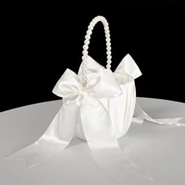 ATAILOVE Flower Girl Basket and Pearl Handle for Weddings - Cute Cherish Fairy Flower Baskets (Ivory)