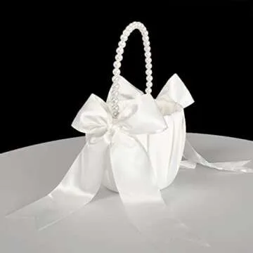 ATAILOVE Flower Girl Basket and Pearl Handle for Weddings - Cute Cherish Fairy Flower Baskets (Ivory)