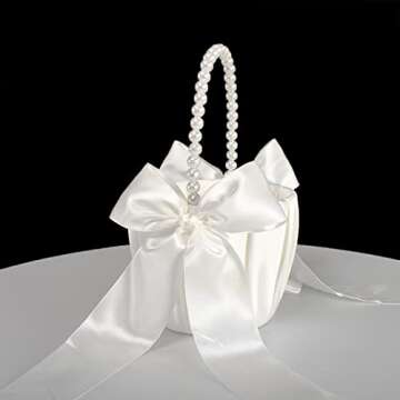ATAILOVE Flower Girl Basket and Pearl Handle for Weddings - Cute Cherish Fairy Flower Baskets (Ivory)