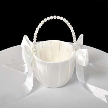 ATAILOVE Flower Girl Basket and Pearl Handle for Weddings - Cute Cherish Fairy Flower Baskets (Ivory)