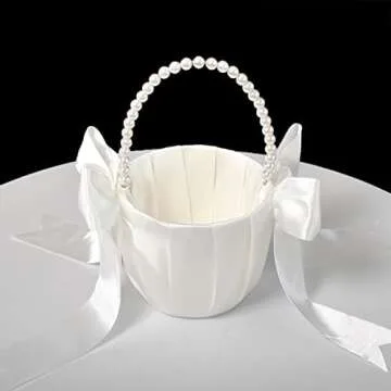 ATAILOVE Flower Girl Basket and Pearl Handle for Weddings - Cute Cherish Fairy Flower Baskets (Ivory)