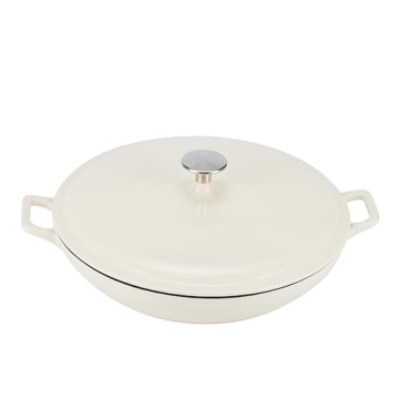 Amazon Basics Enameled Cast Iron Covered Round Casserole Skillet with Lid for Oven, 3.3-Quart, White