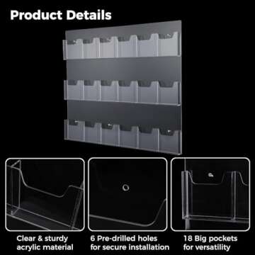 18 Pockets Acrylic Brochure Pamphlet Holder Wall Mount, 4 inches Pocket Brochure Display Stand, Pamphlet Display Stand Wall Mount, Clear Plastic Trifold Flyer Rack Literature Holder