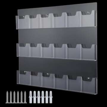 18 Pockets Acrylic Brochure Pamphlet Holder Wall Mount, 4 inches Pocket Brochure Display Stand, Pamphlet Display Stand Wall Mount, Clear Plastic Trifold Flyer Rack Literature Holder