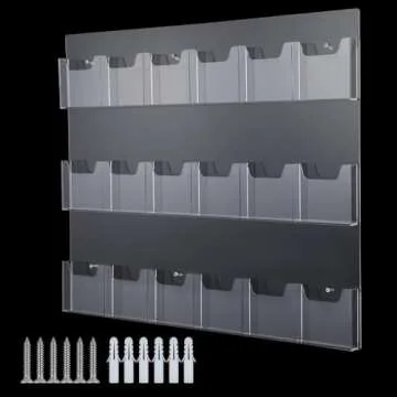 18 Pockets Acrylic Brochure Pamphlet Holder Wall Mount, 4 inches Pocket Brochure Display Stand, Pamphlet Display Stand Wall Mount, Clear Plastic Trifold Flyer Rack Literature Holder