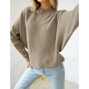ZESICA Women's Fall Turtleneck Batwing Long Sleeve Ribbed Knit Casual Soft Pullover Sweater Jumper Top,Khaki,Medium