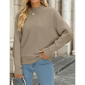ZESICA Women's Fall Turtleneck Batwing Long Sleeve Ribbed Knit Casual Soft Pullover Sweater Jumper Top,Khaki,Medium
