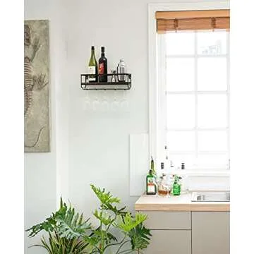 Mkono Wall Mounted Wine Rack - Bottle & Glass Holder Wood Rustic Floating Racks with Stemware Hanger Modern Plants Photos Wine Bottles Display Wall Storage Shelf for Kitchen Dining Room Home Bar