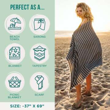 Sand Cloud Turkish Beach Towel - Sand Proof - 100% Certified Organic Turkish Towel - Quick Dry Towel for Beach, Picnic, Blanket or Bath Towel - As Seen on Shark Tank - Gocek (Black)