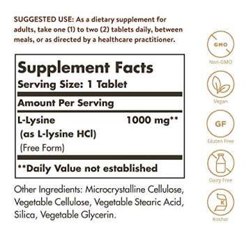 Solgar L-Lysine 1000 mg, 250 Tablets - Enhanced Absorption and Assimilation - Promotes Integrity of ...